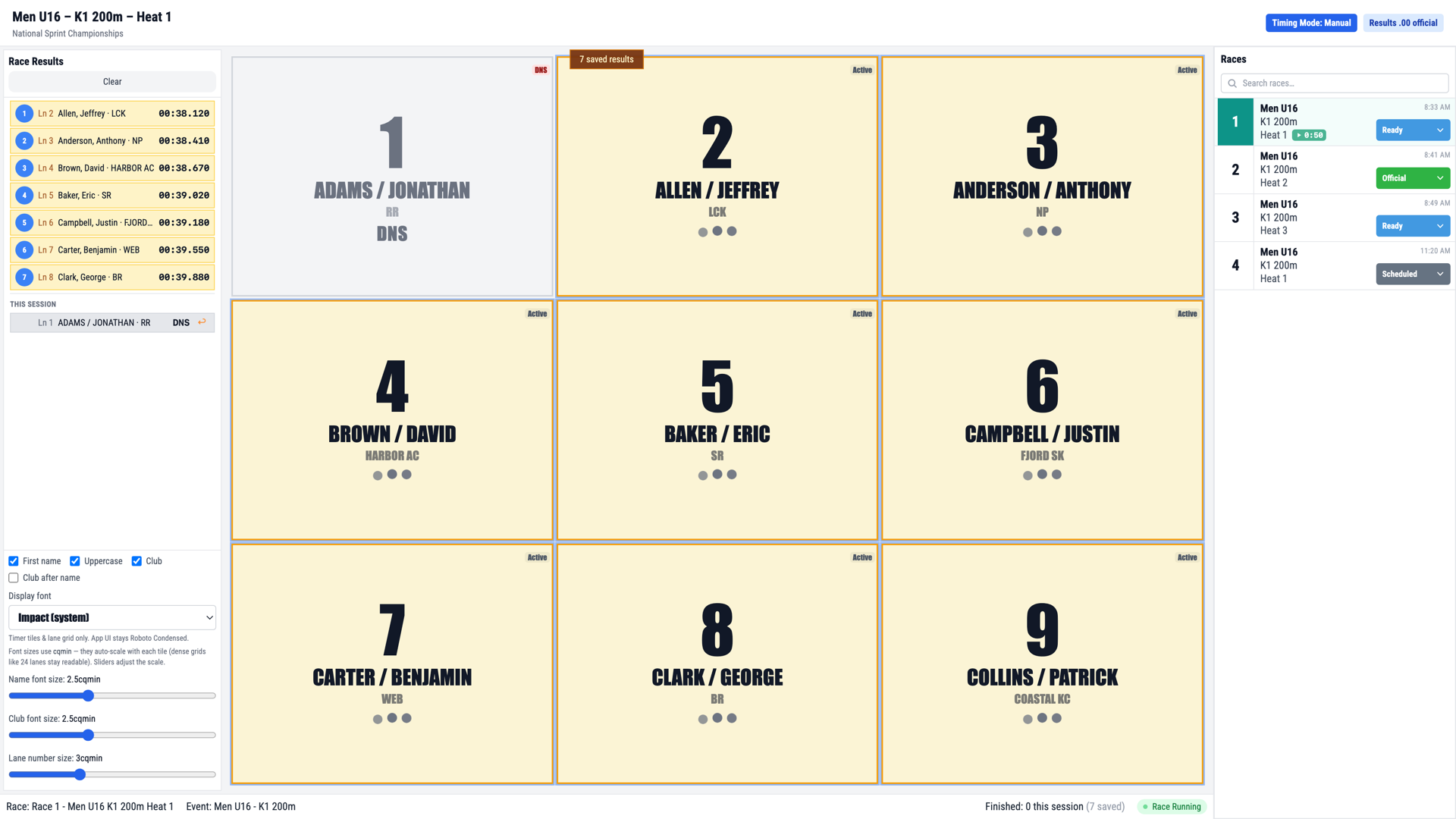 RaceManager timing desk — manual sprint tiles for tapping lane finishes