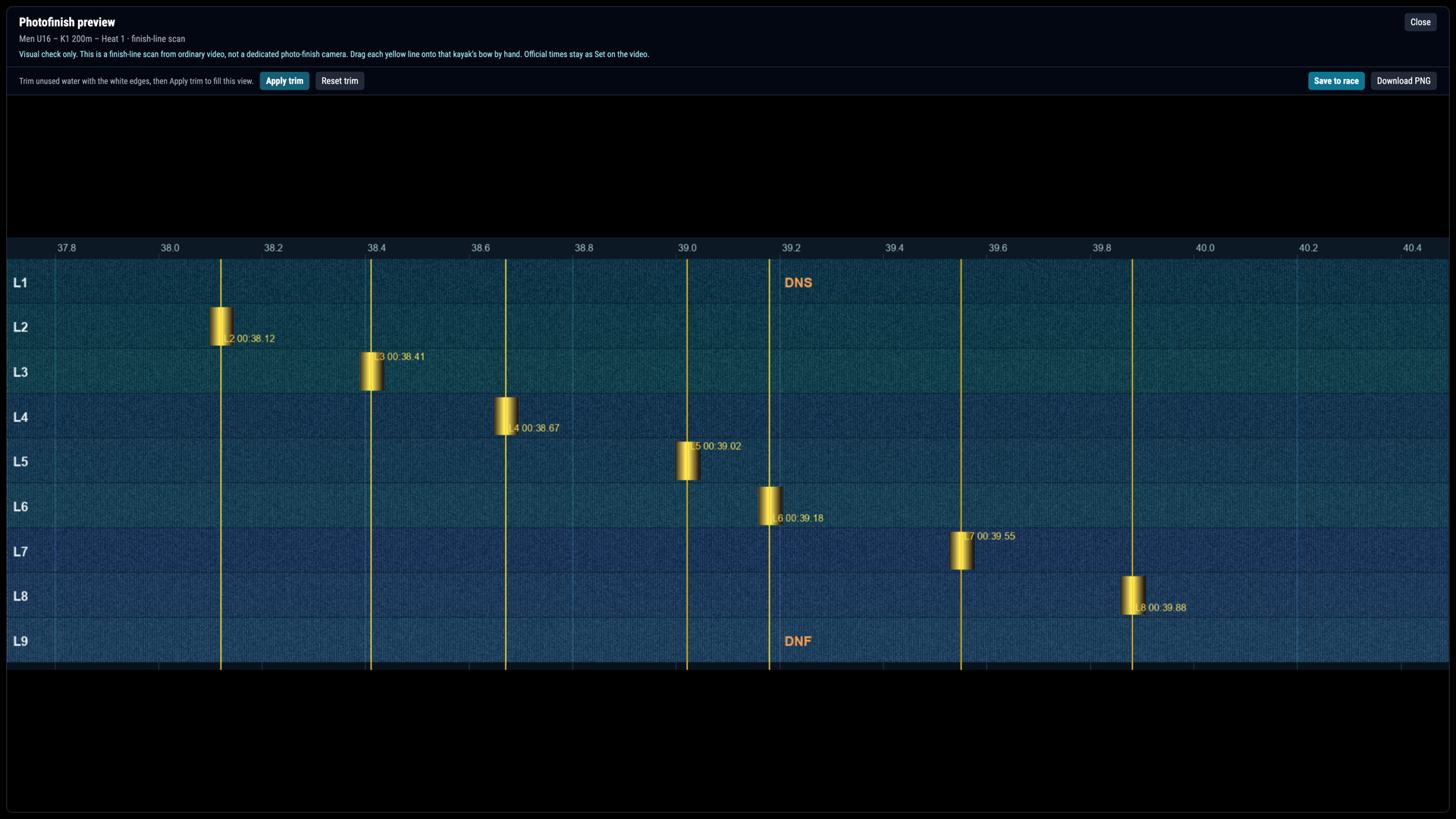 RaceManager timing desk — photofinish preview generated from the finish-line video