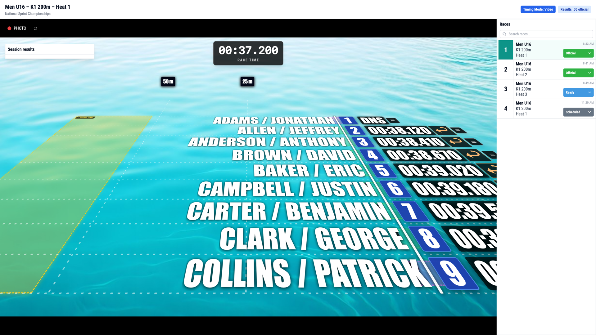 RaceManager timing desk — video recording a sprint finish with race clock overlay